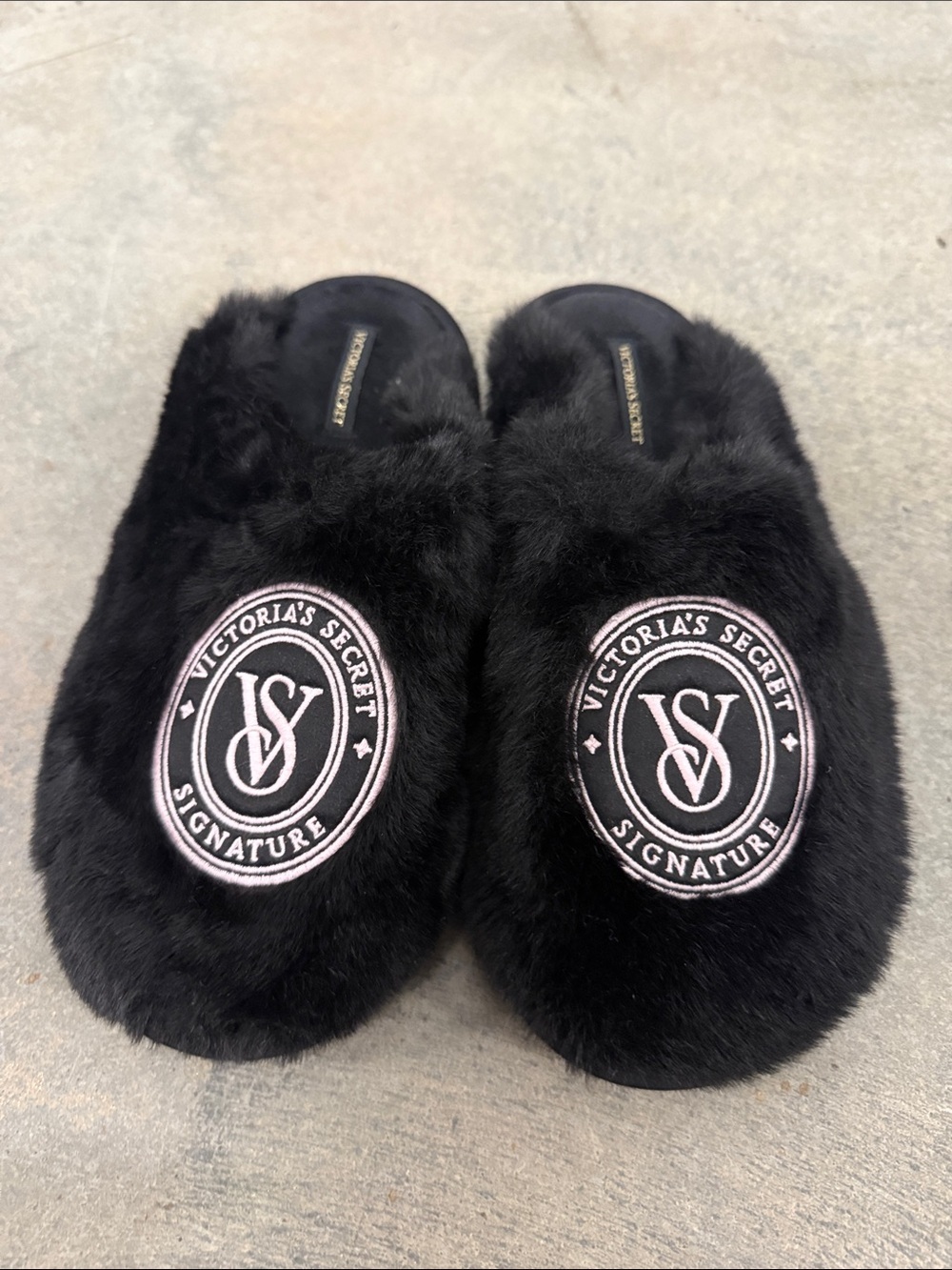 Victoria's Secret Black Faux Fur Signature Slippers